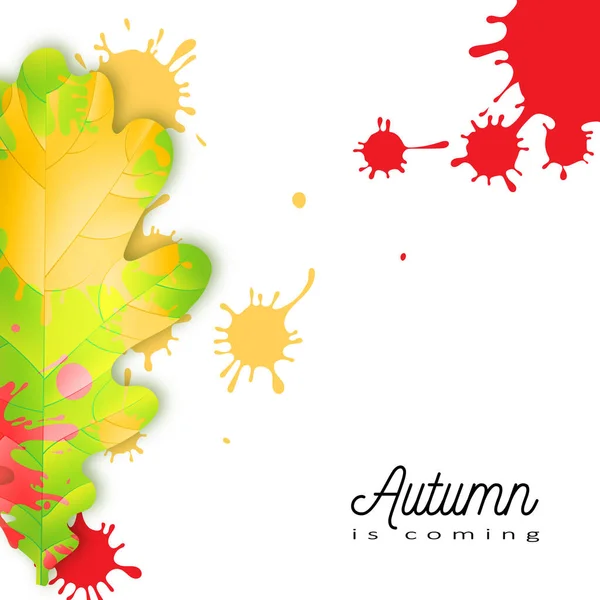 Sonbahar sonbahar konsepti. Parlak turuncu ve kırmızı suluboya sonbahar meşe yaprağı vektör arkaplanı. Poster, kartpostal, pankart, tasarım, web, kupon, indirim için şablon. — Stok Vektör