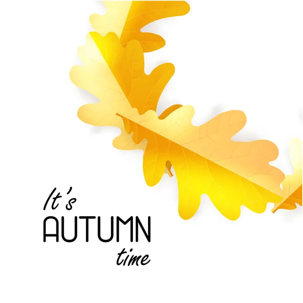 Cartão de saudação de outono vetorial com etiqueta de letras manuais e outono realista folhas de carvalho fundo . — Vetor de Stock