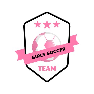 Kadınlar ve kızlar futbol logosu tasarlıyorlar ve kalkanlarında top var. Basit vektör futbol etiketi ya da pembe renkli amblem. Kız futbol takımı.