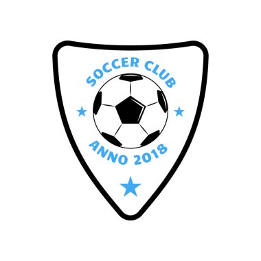 Kalkanında top olan futbol logosu tasarımı. Basit vektör futbol etiketi veya amblemi. Futbol, futbol logosu şampiyonluk rozeti renkli vektör.