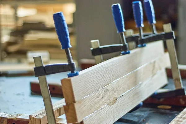 Gluing Board Clamps Joinery Workshop — Stock Photo, Image