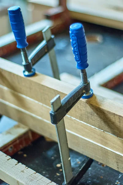 Gluing Board Clamps Joinery Workshop — Stock Photo, Image