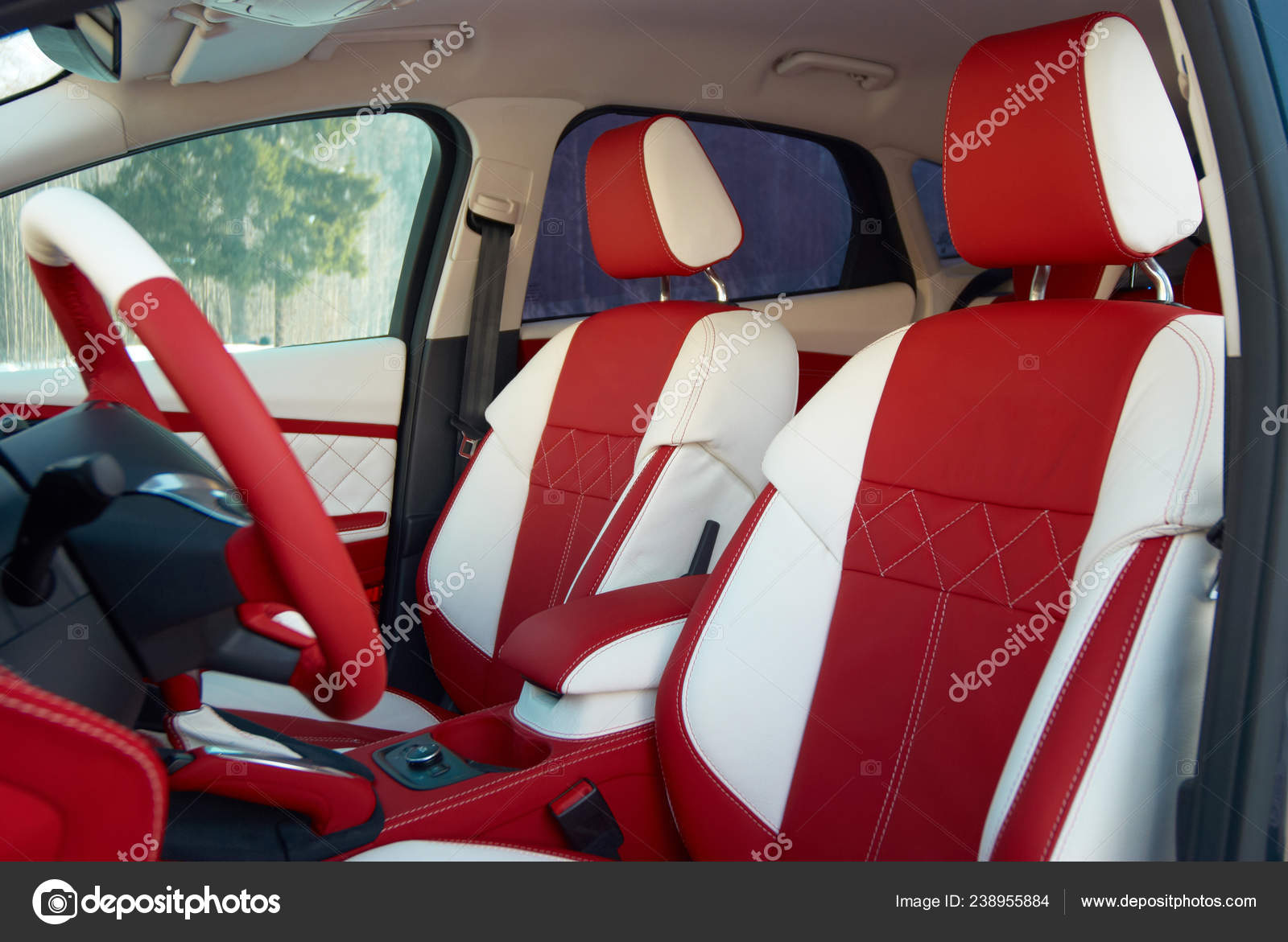 Car Interior Details Car Seats Steering Wheel White Red