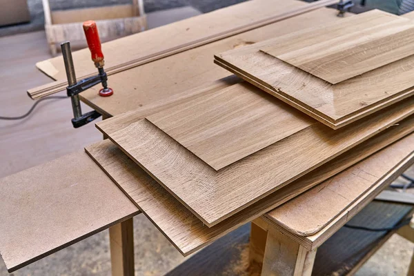 Wood Door Manufacturing Process Decorative Door Panels Woodworking Carpentry Production — Stock Photo, Image