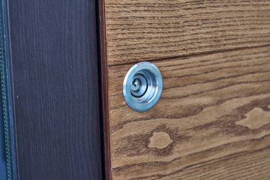 Giriş kapısı Ahşap dekoratif panel. Alüminyum kapı. Yakın çekim