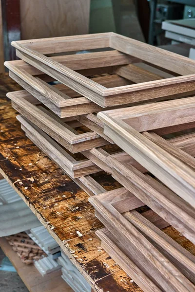 Proces Produkcji Drzwi Drewna Drewniane Listwy Drzwi Wejściowe Produkcja Drewna — Zdjęcie stockowe