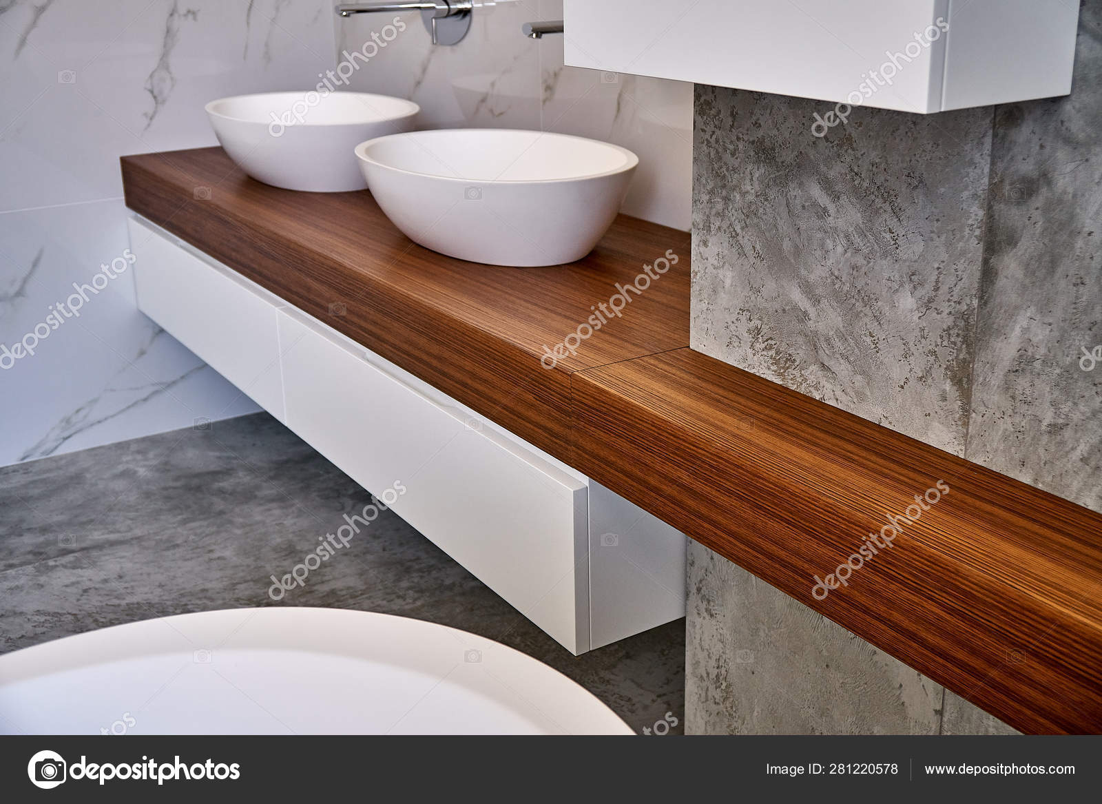 Luxury Bathroom Vanity Stylish Interior Of Modern Bathroom With Teak Tabletop And Marble Walls Stock Photo Luxury Bathroom Vanity Stylish Interior Of Modern Bathroom With Teak Tabletop And Marble Walls Stock Photo
