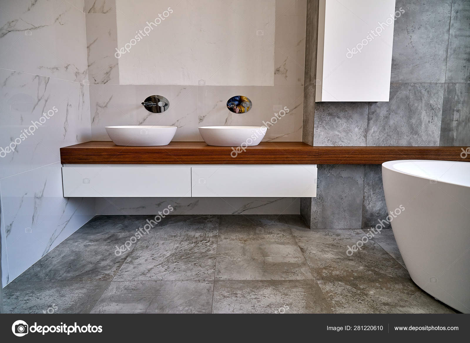Luxury Bathroom Vanity Stylish Interior Of Modern Bathroom With Teak Tabletop And Marble Walls Stock Photo Luxury Bathroom Vanity Stylish Interior Of Modern Bathroom With Teak Tabletop And Marble Walls Stock Photo