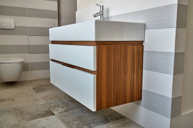 Wall mounted bathroom vanity in luxury bathroom. Stylish interior of modern bathroom. Details furniture