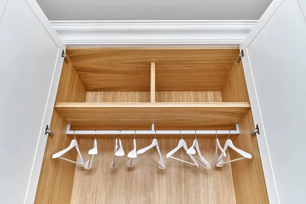 Opened White Wardrobe Wooden Drawers Shelves Wooden Filling Wardrobe White — Stock Photo, Image