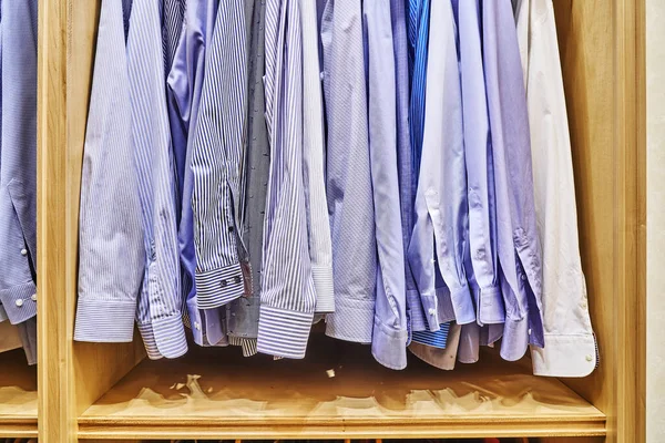 Men Shirts Hanging Wooden Closet Dressing Room Wooden Wardrobe — Stock Photo, Image