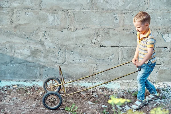 Tampilan Samping Anak Laki Laki Lucu Dengan Pakaian Kasual Mendorong — Stok Foto