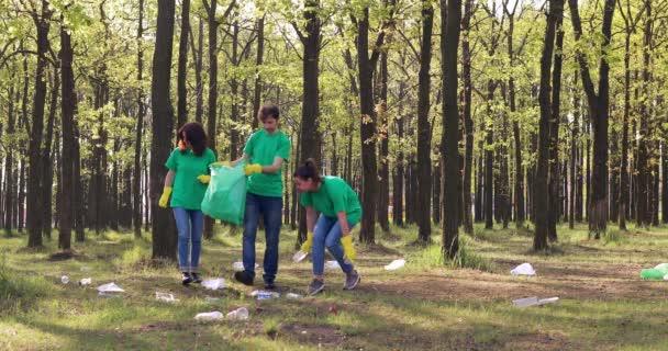 Grupa Ludzi Zielonych Koszulkach Zbiera Śmieci Torbie Parku Czyszczenie Parku — Wideo stockowe