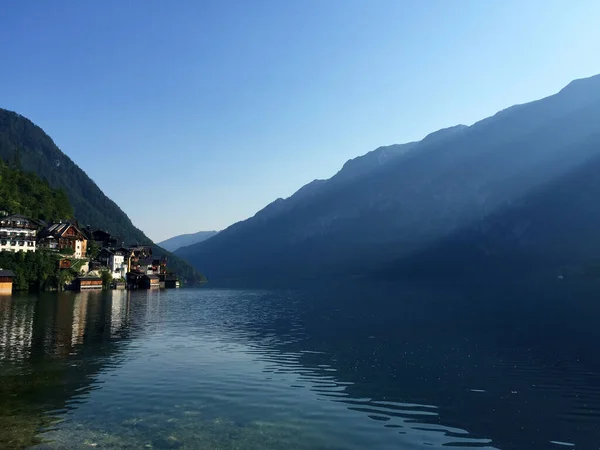 Lago Con Las Montañas Por Mañana Hallstatt Alta Austria — Foto de Stock