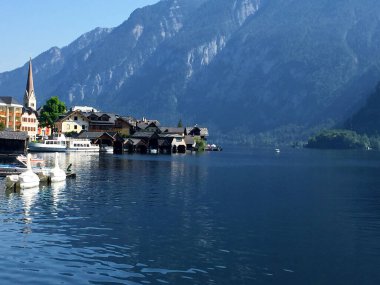 Avusturya 'nın kuzeyindeki Hallstatt' ta göl kenarında tepe manzarası