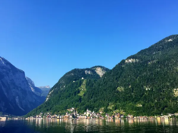 Lago Com Montanhas Parte Manhã Hallstatt Alta Áustria — Fotografia de Stock