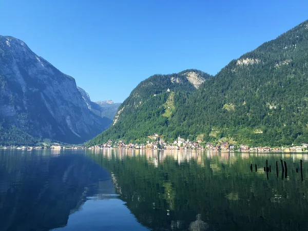 Lago Con Las Montañas Por Mañana Hallstatt Alta Austria — Foto de Stock