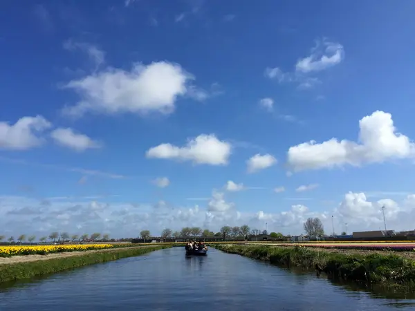 Boot Auf Dem Fluss Der Nähe Des Sees Und Blumen — Stockfoto