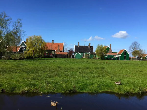 オランダ 北オランダ ザーンセ スカンスの青い空に対する村と川の風景 — ストック写真