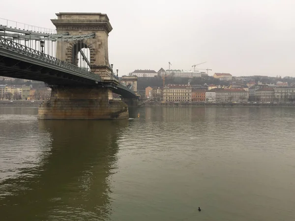 ハンガリーのブダペストの風景 ドナウ川の有名な鎖橋 — ストック写真