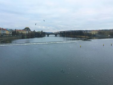Çek Cumhuriyeti Prag 'daki Vltava Nehri ve Charles Köprüsü' nün şehir manzarası