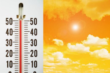 Yakın çekim termometresi sıcaklığı Celsius derecesinde gösteriyor, mercek patlaması etkisi olan sıcak sıcaklık