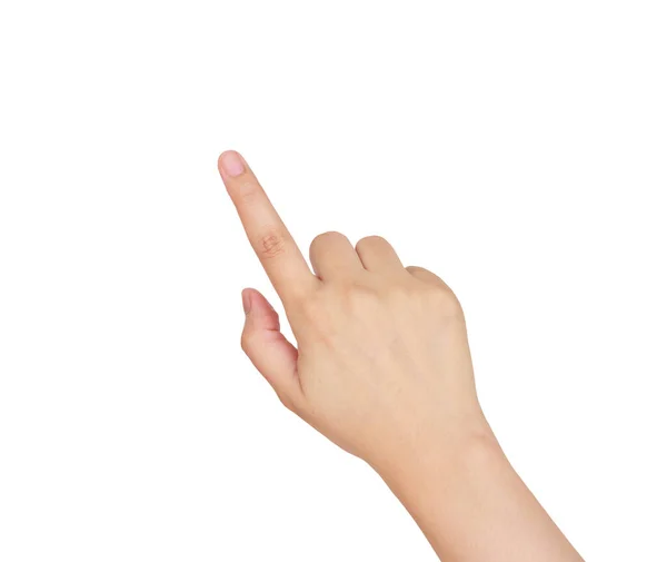 Aziatische Vrouwelijke Hand Aanraken Wijzend Naar Iets Geïsoleerd Witte Achtergrond — Stockfoto