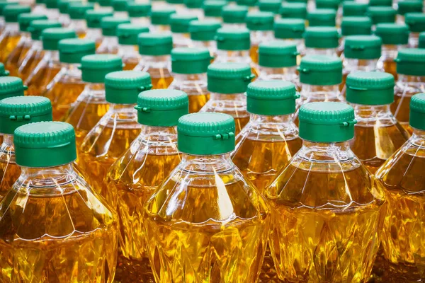 Cooking oil bottles at factory warehouse