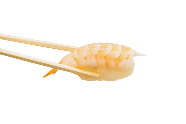 Sushi Camarão Com Pauzinho Isolado Sobre Fundo Branco — Fotografia de Stock