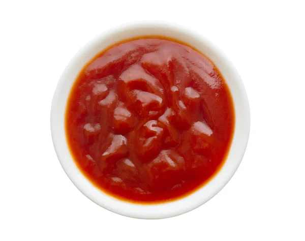 Tomatensaus Ketchup Witte Kom Geïsoleerd Witte Achtergrond — Stockfoto