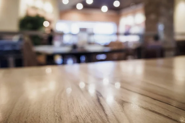 Tapa Mesa Madera Vacía Con Café Borroso Restaurante Cafetería Fondo —  Fotos de Stock