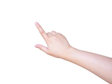 Kadın eli kesme yolu olan beyaz arkaplanda izole edilmiş bir şeye dokunuyor veya işaret ediyor