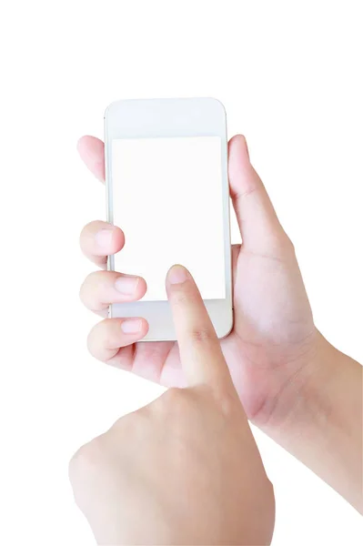 Żeńska Ręka Trzymająca Biały Smartfon Pustym Ekranem — Zdjęcie stockowe