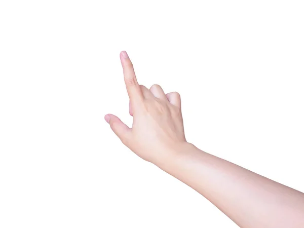 Weibliche Hand Berührt Oder Zeigt Auf Etwas Isoliertes Auf Weißem — Stockfoto