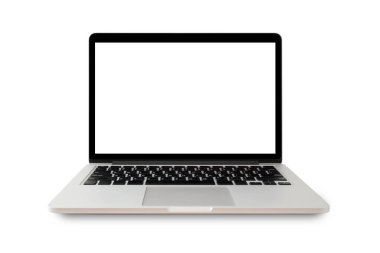 Boş ekranlı laptop beyaz arkaplanda izole edildi