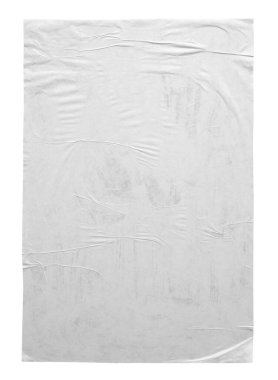 Boş beyaz buruşmuş ve buruşmuş kağıt poster dokusu beyaz arkaplanda izole edilmiş