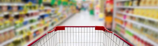 Supermarkt Innenraum Supermarkt Gang Mit Leerem Roten Warenkorb Hintergrund Einkauf — Stockfoto