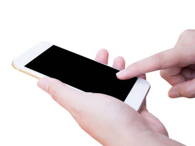 Beyaz arkaplanda Asya 'lı kadın elinin cep telefonu var.