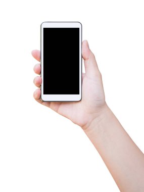 Beyaz arkaplanda Asya 'lı kadın elinin cep telefonu var.