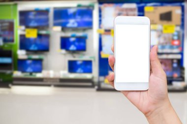 Arkaplanı Bokeh olan bulanık eletronik mağazalı akıllı telefon.