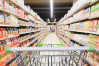 Supermarket aisle with empty shopping cart business concept clipart