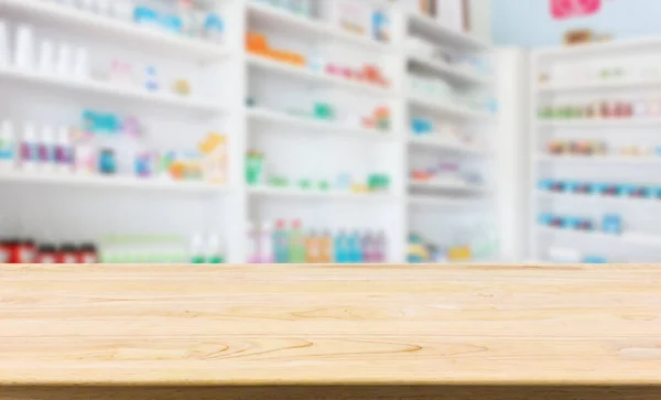 Farmácia Farmácia Balcão Mesa Com Borrão Backbround Abstrato Com Medicamento — Fotografia de Stock