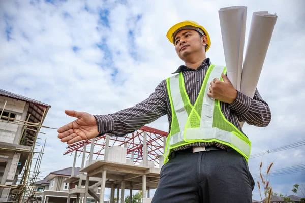 Asian Business Man Construction Engineer Worker House Building Site — Stock Photo, Image