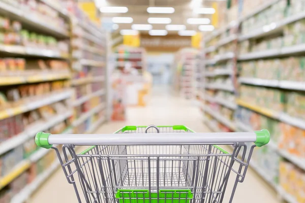 Carrito Compras Vacío Con Desenfoque Abstracto Supermercado Tienda Descuento Pasillo —  Fotos de Stock