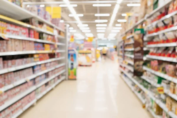 Abstrakte Unschärfe Supermarkt Gang Mit Produkt Den Regalen Defokussiert Hintergrund — Stockfoto
