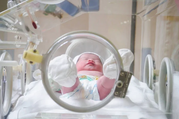 Newborn baby girl inside incubator in hospital post delivery room