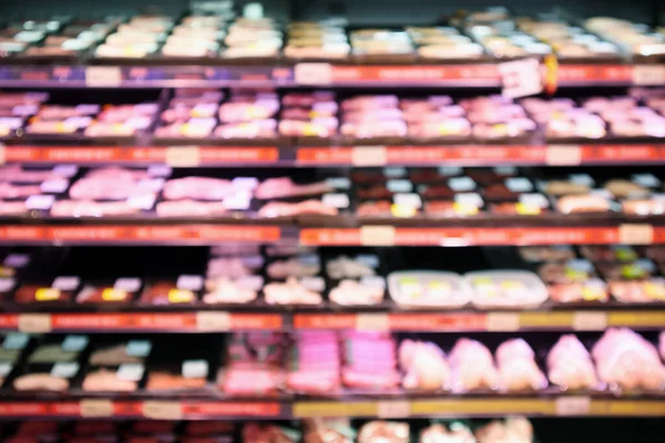 Estantes Carne Fresca Abstracta Supermercado Tienda Borrosa Fondo Desenfocado Con —  Fotos de Stock