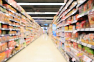 süpermarket koridoru ürün raflarıyla dolu soyut bulanık arkaplan
