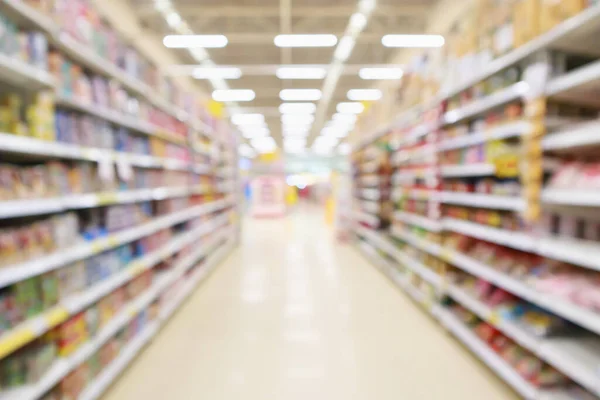 Supermarket Sklepowe Nawy Sklepowe Półki Produktów Wnętrze Zdekoncentrowany Abstrakcyjny Rozmyte — Zdjęcie stockowe