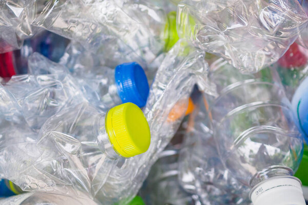 plastic bottles in recycle trash station close up